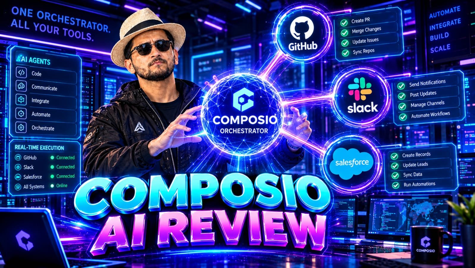 Composio AI Review 2026: Senior technical founder configuring an agentic tool orchestrator dashboard, where a central AI agent is securely connecting to glowing nodes representing GitHub, Slack, and Gmail via MCP protocols.