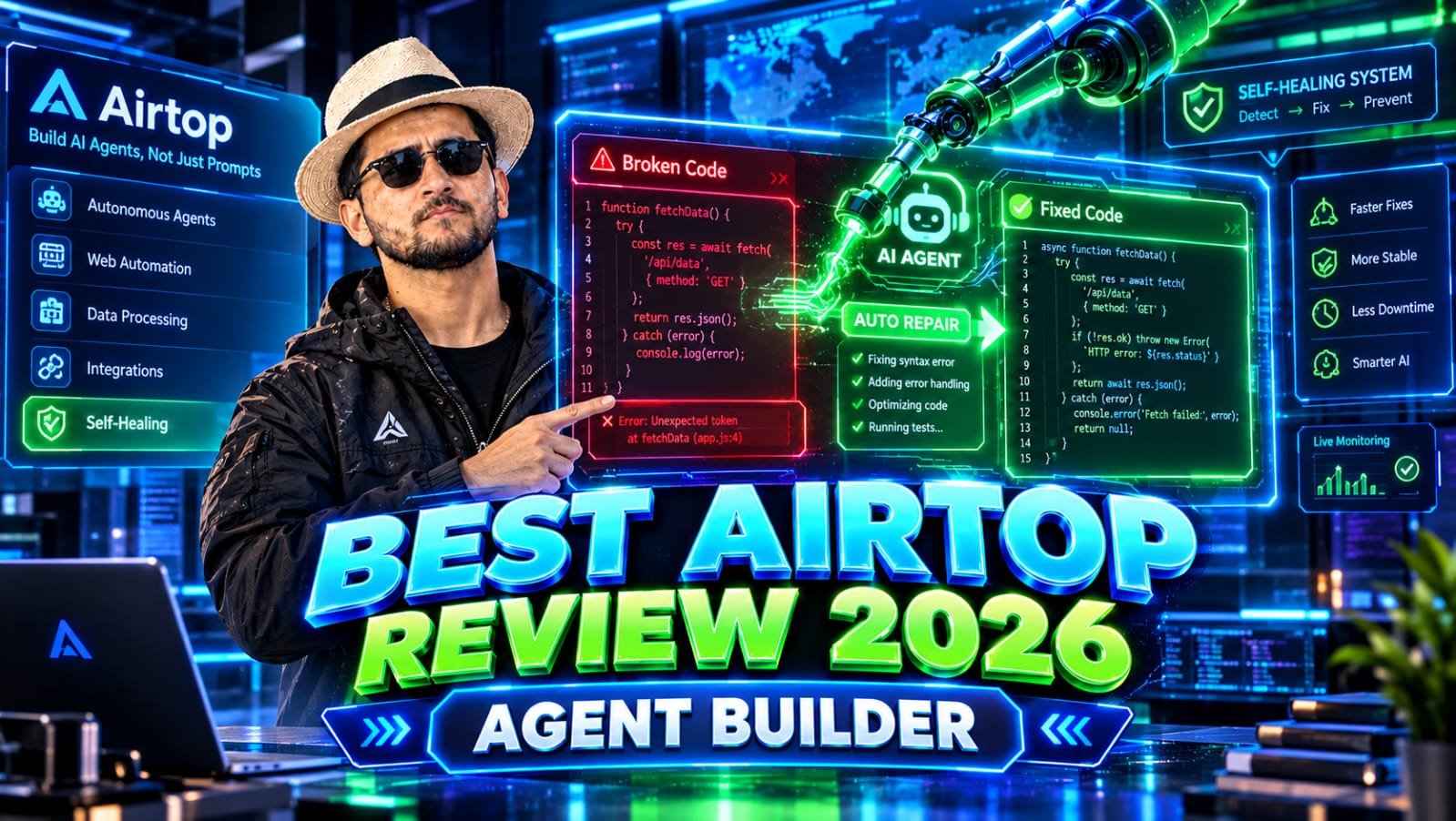 Airtop Review 2026: Senior technical founder reviewing a self-healing AI agent dashboard where an automated web scraper autonomously identifies a broken UI element, drafts a repair, and tests the fix without human intervention.
