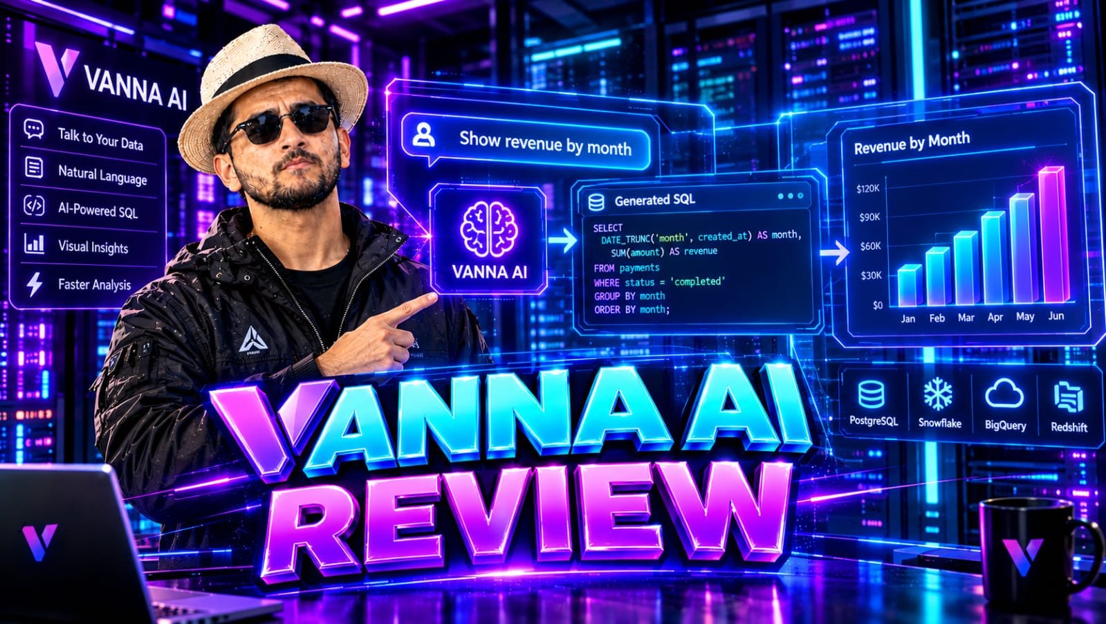 Vanna AI Review 2026: Senior technical founder reviewing an enterprise text-to-SQL agent dashboard where natural language prompts are instantly converted into accurate SQL database queries and colorful Plotly charts.