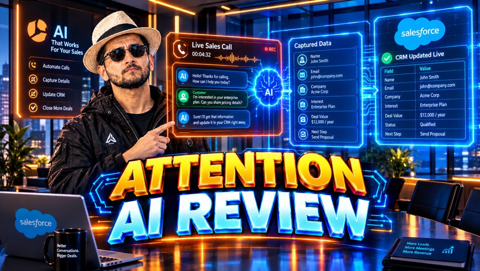 Attention AI Review 2026: Senior technical founder reviewing an AI sales CRM automator dashboard where a live sales call is automatically transcribed and securely synced into HubSpot and Salesforce data fields.