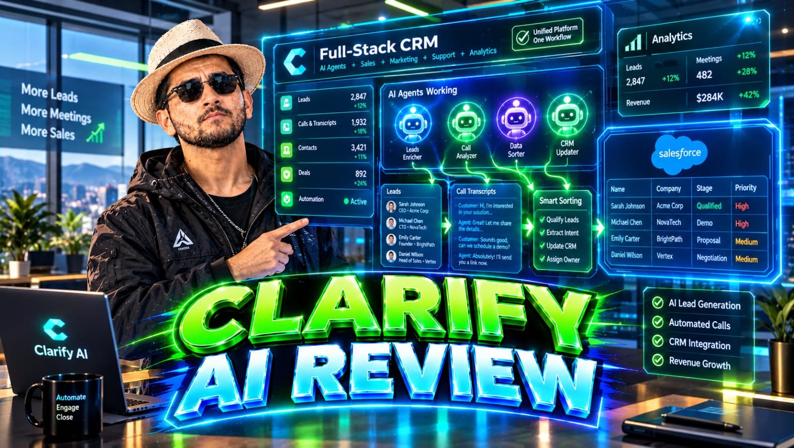Clarify AI Review: Senior technical founder reviewing a full-stack AI CRM dashboard where a unified system autonomously handles lead prospecting, data enrichment, and real-time call intelligence while the human sales rep focuses entirely on closing deals.