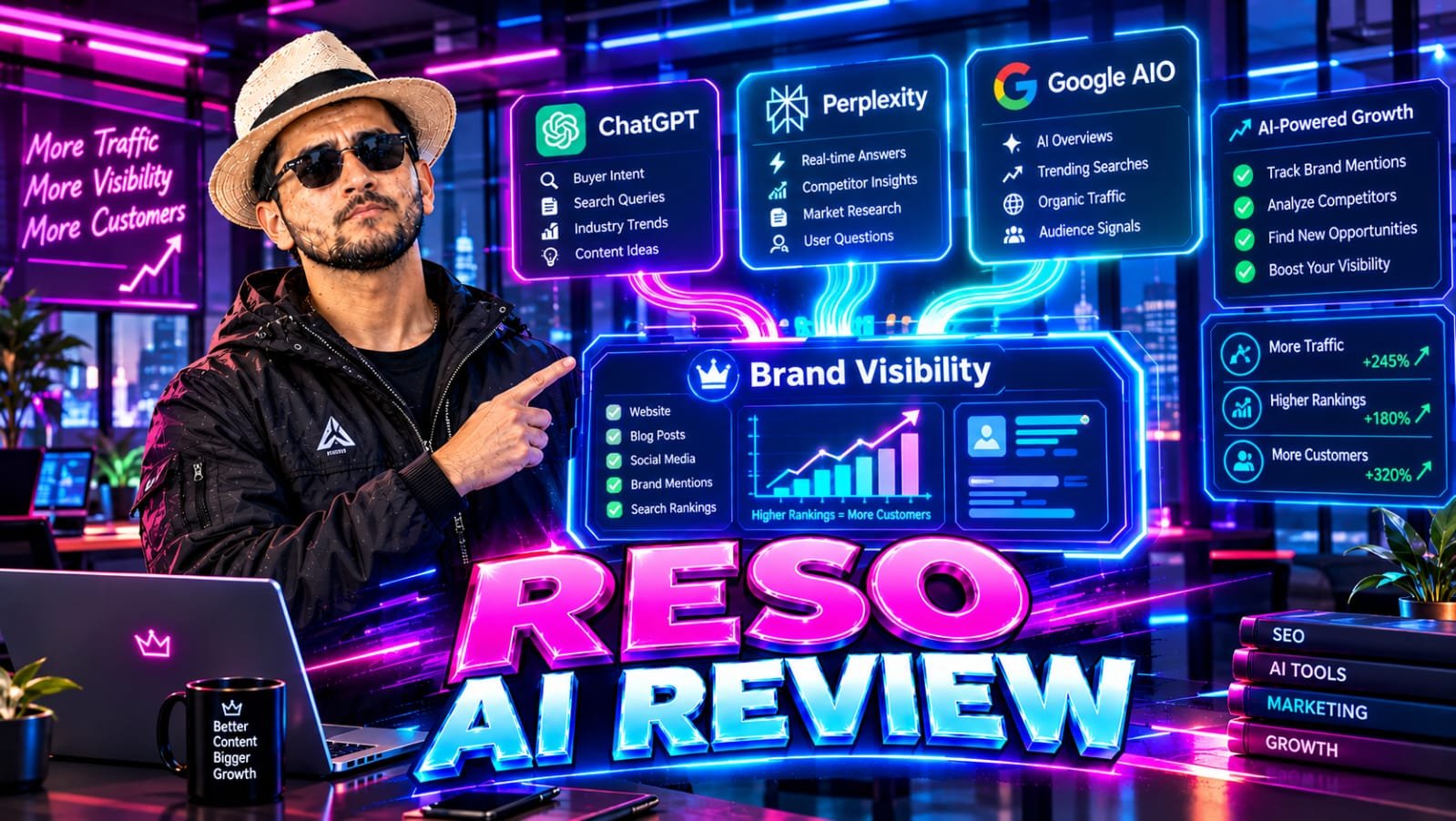 ReSO AI Review: Senior technical founder reviewing a Generative Engine Optimization dashboard where brand analytics are tracking real-time citations and buyer intent across ChatGPT, Perplexity, and Google AI Overviews.