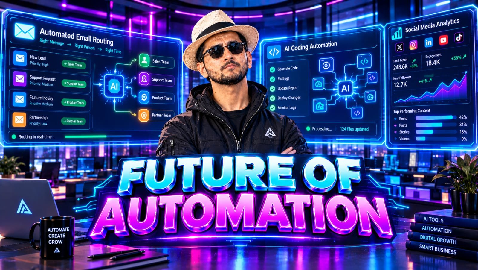AI Agents 2026: Senior technical founder evaluating a dashboard for autonomous workflows featuring Gemini Spark, OpenAI Dots, and Meta Muse.